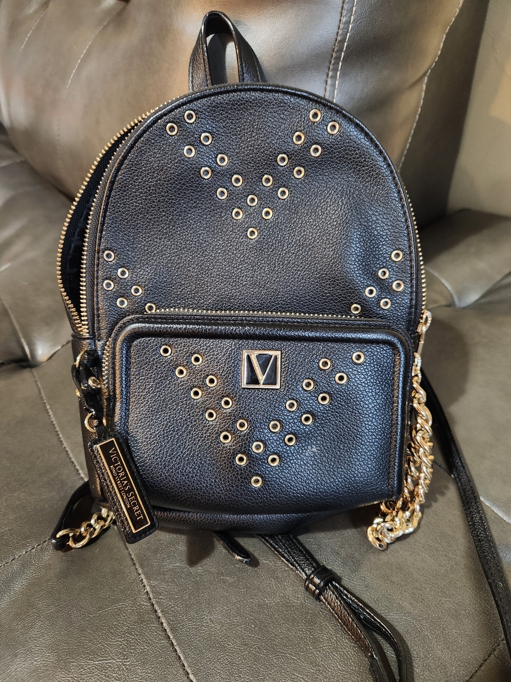 Victoria's Secret Black Mini Backpack with Gold Studs & Chain - Picture 12 of 13
